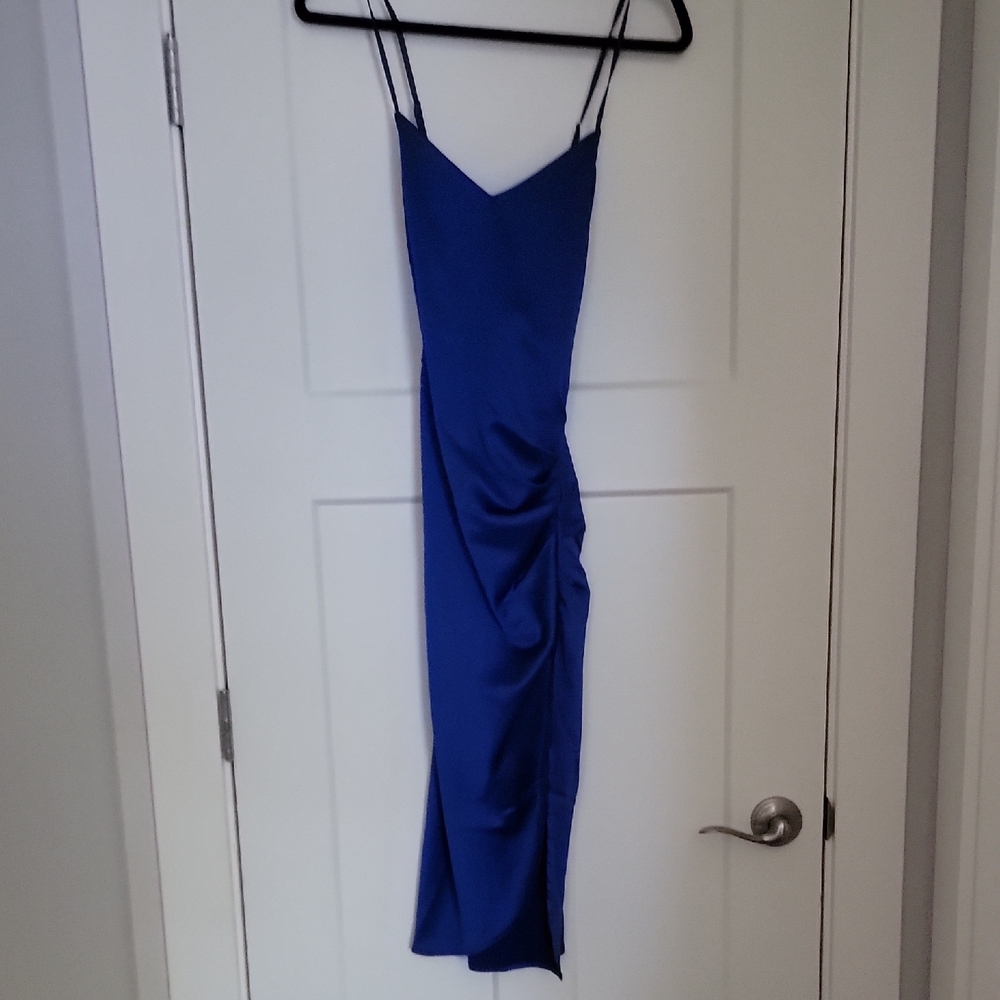 Blue Spaghetti Strap Slip Midi Dress for Cocktail